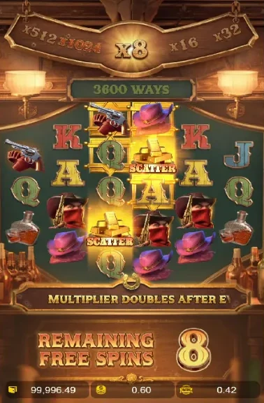 Wild Bounty Showdown free spins in the saloon with an x8 multiplier